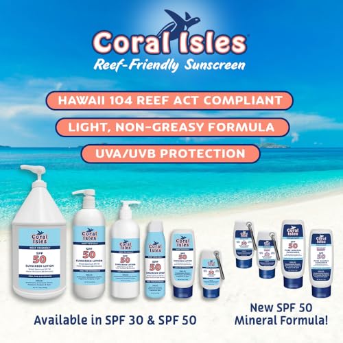 Coral Isles by Rocky Mountain Sunscreen | SPF 50 Lotion | Broad Spectrum UVA/UVB Protection | Hawaii Reef-Safe Act Compliant | Oxybenzone & Octinoxate Free | Water Resistant 80 Min. | 128 Fl Oz