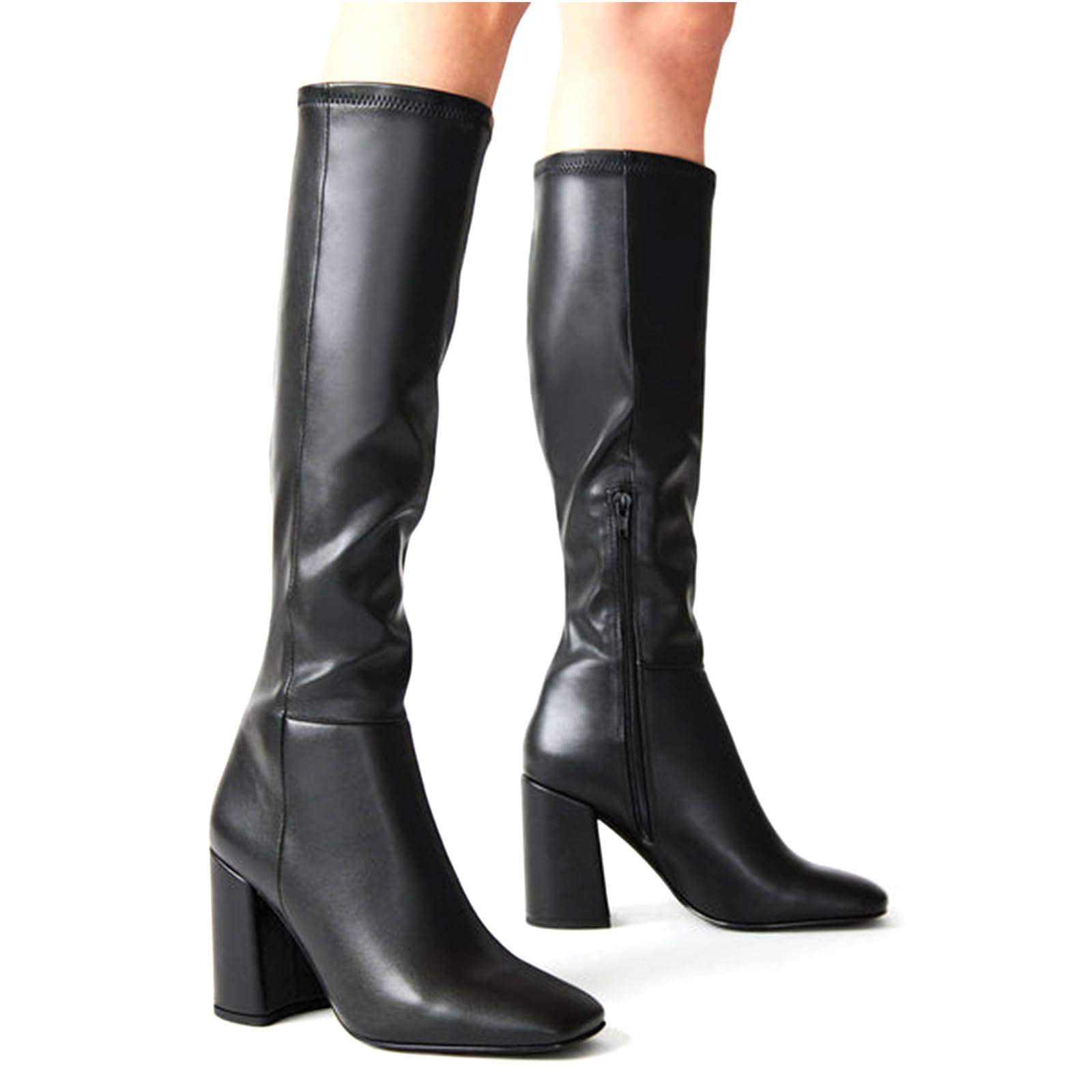 SOVANYOU Women's Faux Leather Tall Boots Fashion Square Toe Chunky Heel Knee High Boots with Side Zip