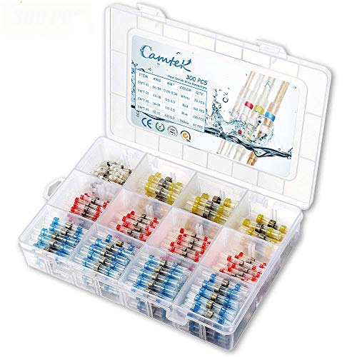 300PCS Solder Seal Wire Connectors, Camtek Heat Shrink Butt Connectors Terminals Electrical Wire Connectors Insulated Waterproof Marine Automotive Copper Connectors Kits