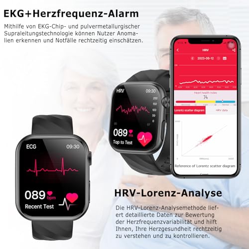 2026 Neu Smartwatch EKG+HRV/Blutdruckmessung/Harnsäure/BMI Herren Damen 1,97"AMOLED Gesundheitsuhr mit Telefonfunktion 24H Herzfrequenz Blutdruck Körpertemperatur SpO2, Schlaf-Monitor Fitnessuhr