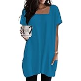 Poetsky 2026 Summer Tunic or Tops for Women to Wear with Leggings Square Neck Casual Long T Shirts with Pockets S-3XL