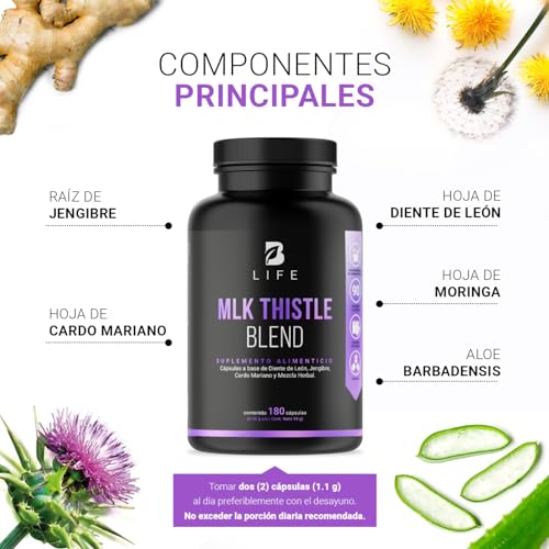Cardo Mariano 180 cápsulas 1100 mg por porción. Hoja de Diente de León, Raíz de Jengibre y Mezcla Herbal. Ingredientes naturales. Mlk Thistle Blend B Life.