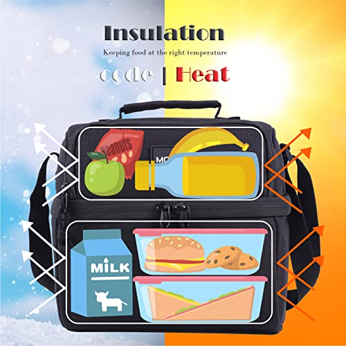 MORIOX Small Lunch Box Double Deckers Thermal Insulation Lunch Bag Leakproof Mini Cooler with Shoulder Strap for Work School Picnic (Black)