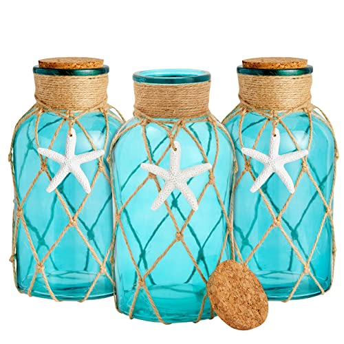 Photo 1 of Okuna Outpost Blue Glass Vase with Cork Lid, Rope and Starfish Accent, Beach Home Decor (4 x 8 Inch) 3 Pack