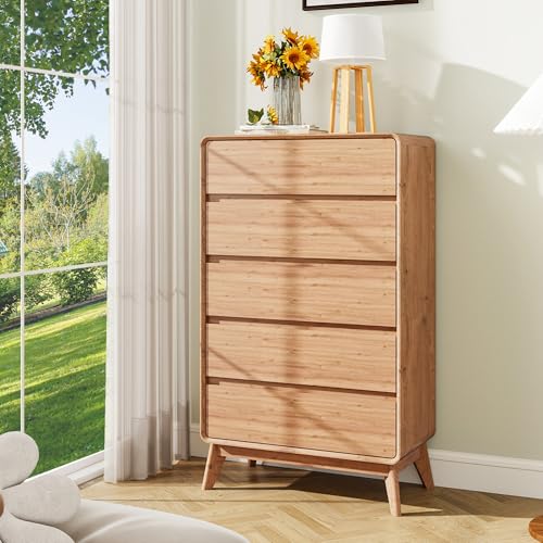 ENOUSHU 50" Tall Dresser for Bedroom, Vertical Dressers with 5 Drawers and Curved Profile Handleless Design, Chest of Drawers with Natural Texture for Living Room, Hallway and Entryway, Natural