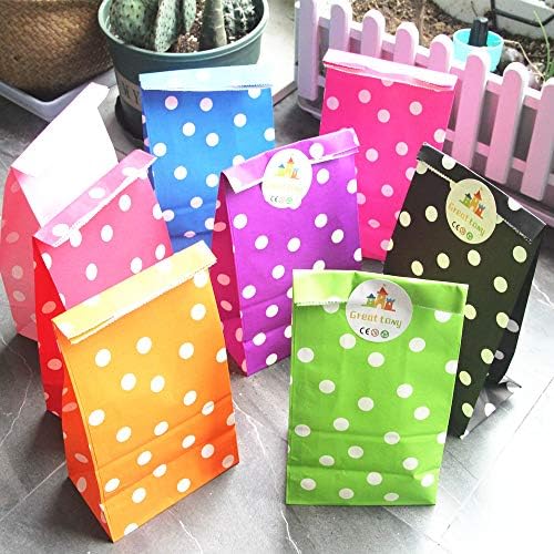 the GreatTony Multi Color Polka Dot Kids Party Paper Bag Gift and Sweet Bags with Stickers Small Size 24x13x8cm 16pcs