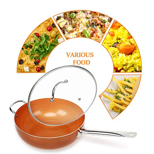 SHINEURI 3 Pieces Nonstick Ceramic Copper Pan Set - 12 Inch Woks and Stir Fry Pans with Lid, 9.5 Inch Round Frying Pan Saute Pan with Stainless Steel Handle for Induction, Gas, Electric & Stovetops - Thumbnail 3