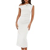Wenrine Womens One Shoulder Midi Dress Elegant Bodycon Sleeveless Knit Ruched Slit Cocktail Party Formal Dresses White