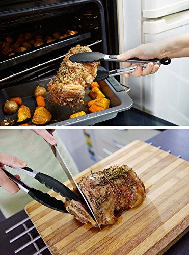 Pinzas-de-Cocina-GWCLEO-Pinzas-para-Barbacoa-en-Acero-Inox-y-Silicona-Pinzas-para-Ensalada-y-Servir-con-Consejos-sin-Rasguos-y-Mangos-de-Cojn-de-Silicona-Anti-DeslizanteNegro-9-y-12-Pulgadas