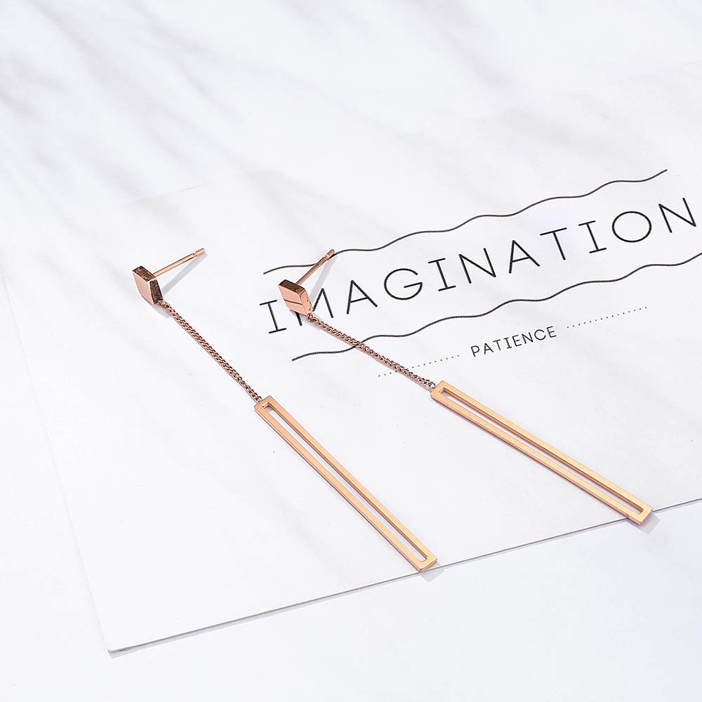 dnswez Rose Gold Long Straight Strip Earrings Drop Studs Stainless Steel for Women Dangle Line Earring Small Bar Fashion Jewelry