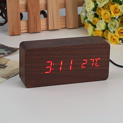 KABB Digital Clock, Wooden Alarm Clock, LED Desk Shelf Clock with Triple Alarms Calender Temperature Display and Voice Control Travel Clock for Office Home Decor (6 Inches) - Thumbnail 6