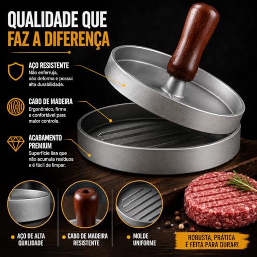 Molde para Hambúrguer em Aço Inoxidável com Cabo de Madeira – Prensa para Carne Gourmet Artesanal