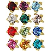 Studex 24K Plated Surgical Steel 3mm Regular Size Ear Piercing Earrings Studs in Prong Style Setting, 12 Pair Mixed Colors Yellow Metal
