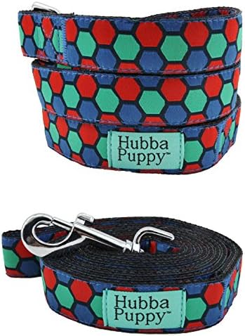 Geometric Hexagon Blue Green and Red Large 6 ft and Small 4 ft Dog Leash by Hubba Puppy Durable Nylon Lead (Large (1" x 6ft))