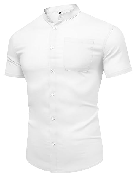 URRU MEN’S SHORT SLEEVE LINEN SHIRT BAND COLLAR BUTTON DOWN SHIRTS SUMMER BEACH SHIRT WHITE L