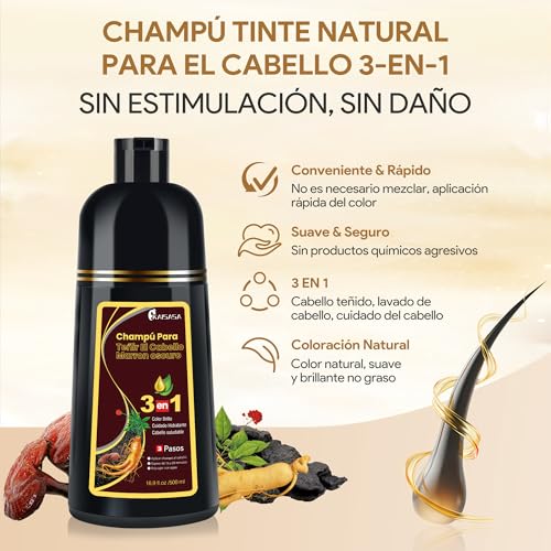 Dark Brown Hair Dye Shampoo 3 in 1, Shampoo para Canas con Tinte, Champú para Teñir el Cabello Marrón Oscuro, Champú Tinte Cubre Canas para Mujer y Hombres (500ML)