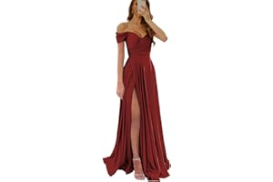 Wirunsy Women's Off The Shoulder Bridesmaid Dresses with Slit Satin Formal Gowns Long Prom Evening Party Dress with Pockets