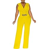 ZonJie Women's Dressy Jumpsuits Summer Sexy Party Rompers Elegant Deep V Neck Backless Clubwear Wide Leg Long Pants,30Yellow X-Large