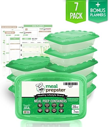 Meal Prep Containers (1 Compartment) Certified BPA Free - Reusable Microwavable Stackable Freezer Dishwasher Safe Plastic Food Storage Lunch Boxes w/ Airtight Green Lids - 28 oz (7 pack) + Planners