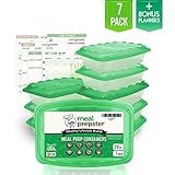 Meal Prep Containers (1 Compartment) Certified BPA Free - Reusable Microwavable Stackable Freezer Dishwasher Safe Plastic Food Storage Lunch Boxes w/ Airtight Green Lids - 28 oz (7 pack) + Planners