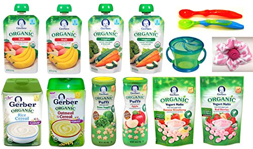 Gerber ORGANIC Baby Food Assorted Meals Gift Basket: Cereal, Puffs, Yogurt Melts, Food Pouches + Spoons, Snack Catcher, Bibs, Gift Card, Gift Box. For Babies, Crawlers and Toddlers Bundle of 16