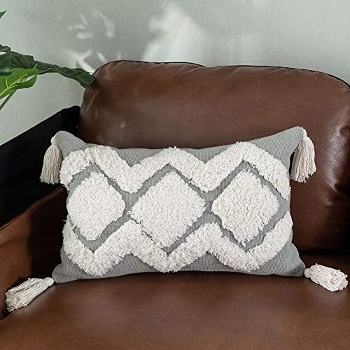 HMKEY TOYS Decorative Lumbar Pillow Cover Tufted Woven Tassels Throw Cushion Cover Rectangle Boho Pillow Case Home Sofa Car Couch Bedroom Decor (Gray,12 X 20 inch)