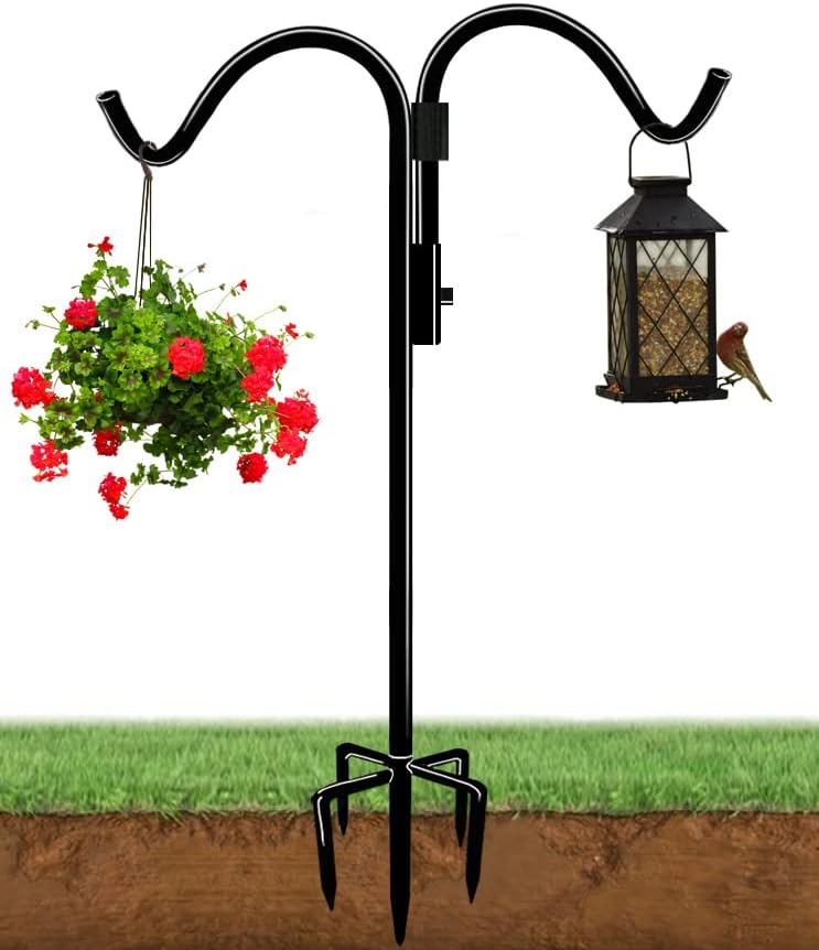 Outdoor Shepherd's Hooks - AnBaiMei 60 Inch Double Shepherds Hook for Outdoor with 5 Prong Base, Adjustable Heavy Duty Bird Feeder Pole for Hanging Flower Basket, Plant Hanger, Solar Light Lanterns, Black