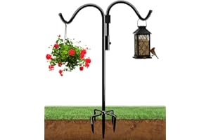 AnBaiMei 60 Inch Double Shepherds Hook for Outdoor with 5 Prong Base, Adjustable Heavy Duty Bird Feeder Pole for Hanging Flower Basket, Plant Hanger, Solar Light Lanterns, Black