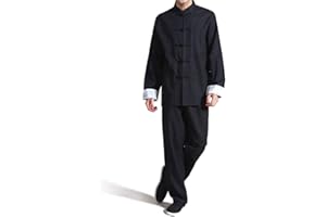 BOOW Men's Cotton Linen Kung Fu Suit Chinese Martial Arts Uniform Meditation Suit Roll-Up Sleeve Frog Button Shirt Pants Outfit (Black, L)