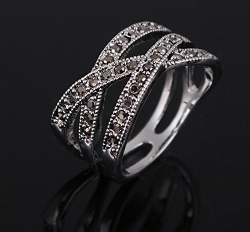 Yfnfxl Womens Vintage Black Marcasite CZ Rhinestone Crossover Stainless Steel Rings - Thumbnail 2