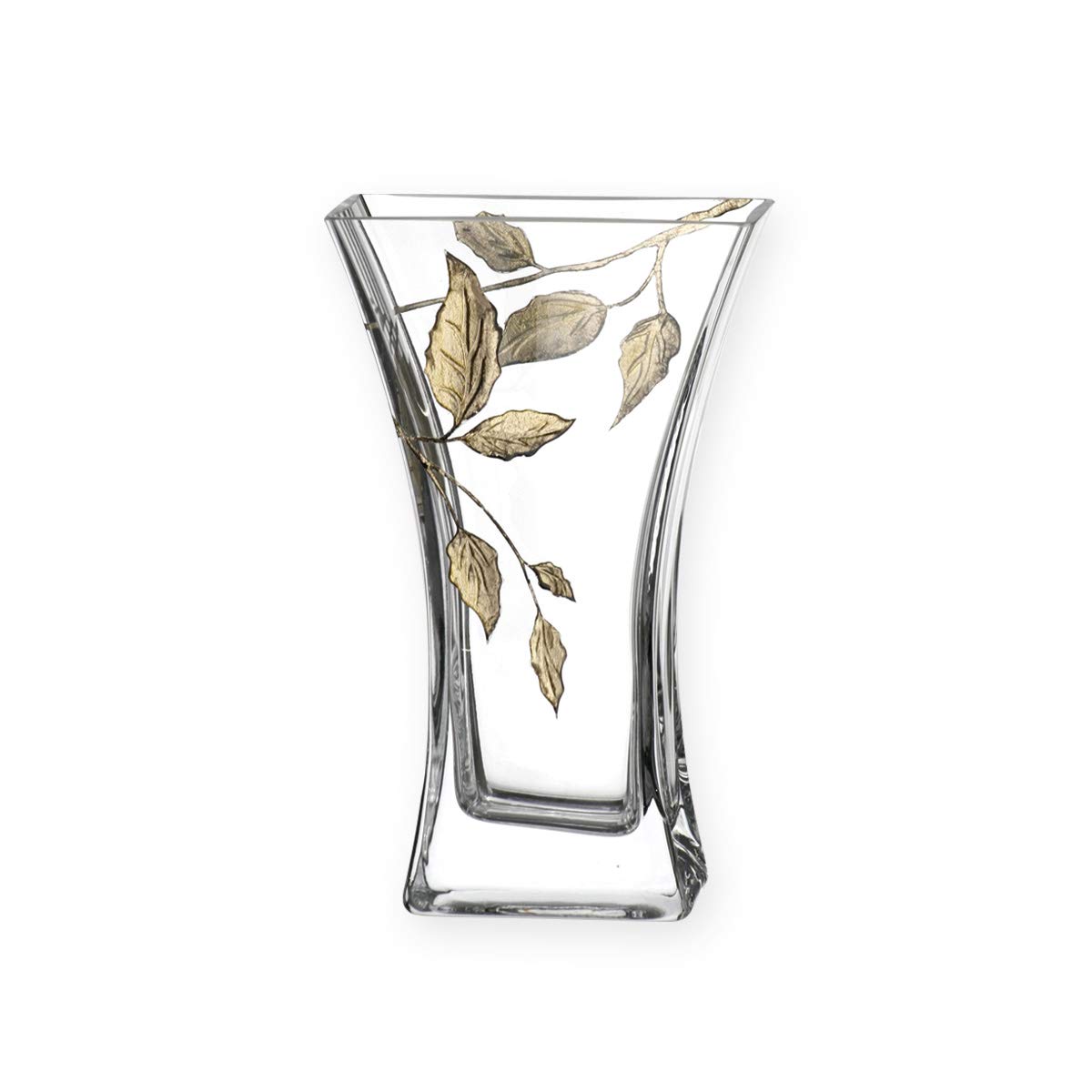Quality Contemporary Gold Leaf Tendril Flat Flare Column Flower Vase - Mouth Blown Hand Decorated Glass - Ideal Golden Anniversary 50th Wedding Gift 23cm