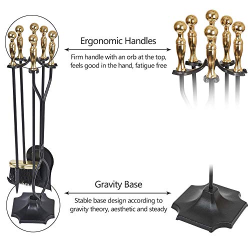 5 Pcs Fireplace Tools Sets Golden Handle Wrought Iron Fire