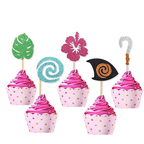 Moana Inspired Cake Toppers（30pcs）， Moana Cake Topper Birthday Party Decoration Boat Sail Swirls Hooks Hawaiian Flower Leaves for Tropical Luau Summer Party Baby Shower Wedding