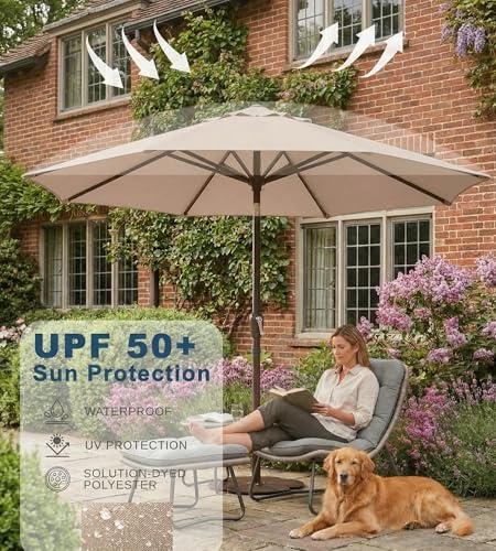 PatioKingdom 9FT Patio Umbrella with Push Button Tilt and Crank Outdoor Market Umbrella with 8 Sturdy Fiberglass Ribs and UV Protection