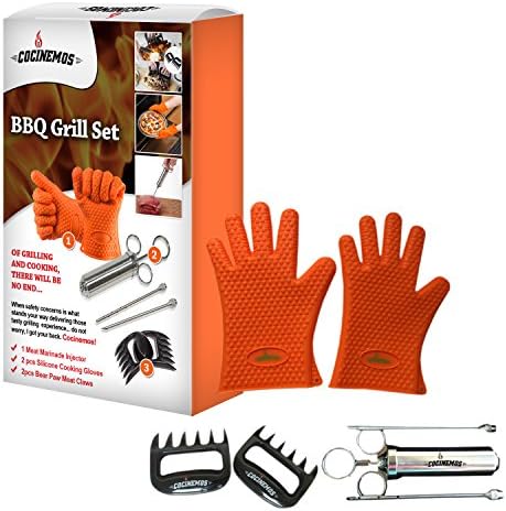 Cocinemos 3-in-1 Pork Barbecue Set! Kit Contains 2oz Stainless Steel Meat Marinade Flavor Injector, Silicone Heat Resistant BBQ Gloves &amp; Meat Bear Claws for Pulled Pork Shredders.