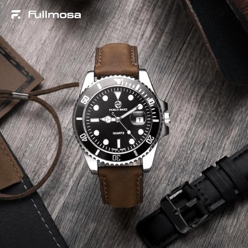 Fullmosa Genuine Leather Watch Straps 22 mm Quick Change Bracelet for Men and Women, Set of 2 Replacement Leather Straps with Stainless Steel Clasp, Coffee & Black with Black Clasps