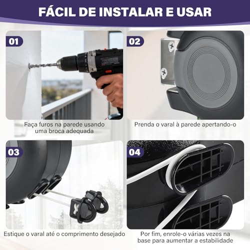 Varal Retrátil de Parede Recolhível com Corda 30m e Kit Instalação – Suporta até 30 kg de Roupas,para Varanda de Apartamento e Espaços Pequenos,Trailers e Camping Etc