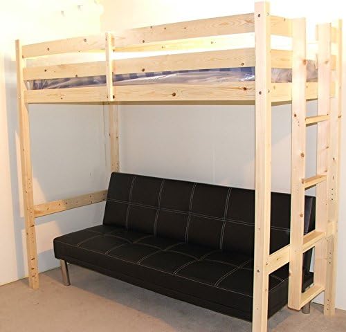 Futon Bunk Bed - 3ft single wooden high sleeper bunkbed - CAN BE USED BY ADULTS - Includes leather sofa bed that folds down to make bed
