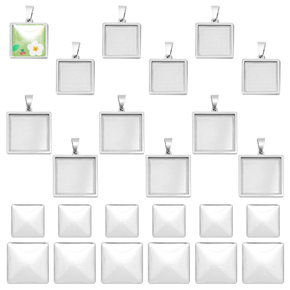 UNICRAFTALE about 20/25mm About 12pcs Square Pendant Trays Stainless Steel Blank Bezel Tray Base Pendant Cabochon Settings for Jewelry Making DIY Findings Stainless Steel Color — image 1