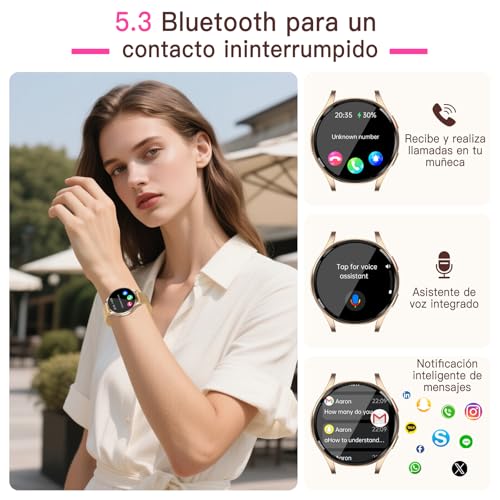 Lgnitek 2026 ECG+HRV Reloj Inteligente Mujer con BMI/Acido Urico/Microchequeo, 1.43'' AMOLED Smartwatch con Función Femenina, 24H Pulsometro, SpO2, Monitor de Sueño, para iOS Android