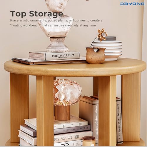 DAYONG 5-Tier Rotating Bookshelf, Large Capacity Solid Wood Bookcase with Wheels, Space-Saving Book Shelf Storage Display Rack Floor Standing Shelves for Small Space, Corner, Office (Natural)
