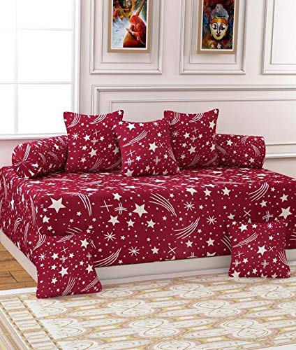 Gurnoor 3D Printed Star Diwan Set(1 Diwan Sheet, 2 Bolster Covers and 5 Cushion Covers)