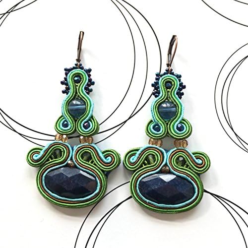 Peacock soutache earrings, glamour jewelry, dangle earrings with gemstone