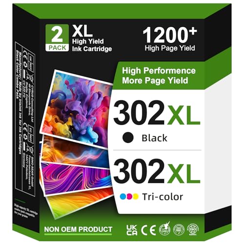 302XL Ink Cartridges Replacement for HP 302 Cartridge, Compatible with HP 302 XL Black and Colour for DeskJet 3630 3632 2130 3639 Envy 4520 4525 4527 OfficeJet 3831 3833 3830 (2-Pack)