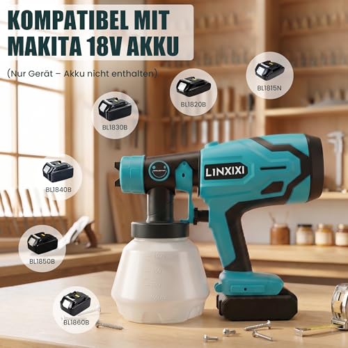 Battery Paint Spray System for Makita 18 V Battery, Wireless Paint Spray Gun, 1000 ml Container, 4 Nozzles & 3 Spray Patterns, Spray Gun for Wall Paint, Furniture, Fences, Garden Fences (without Battery)