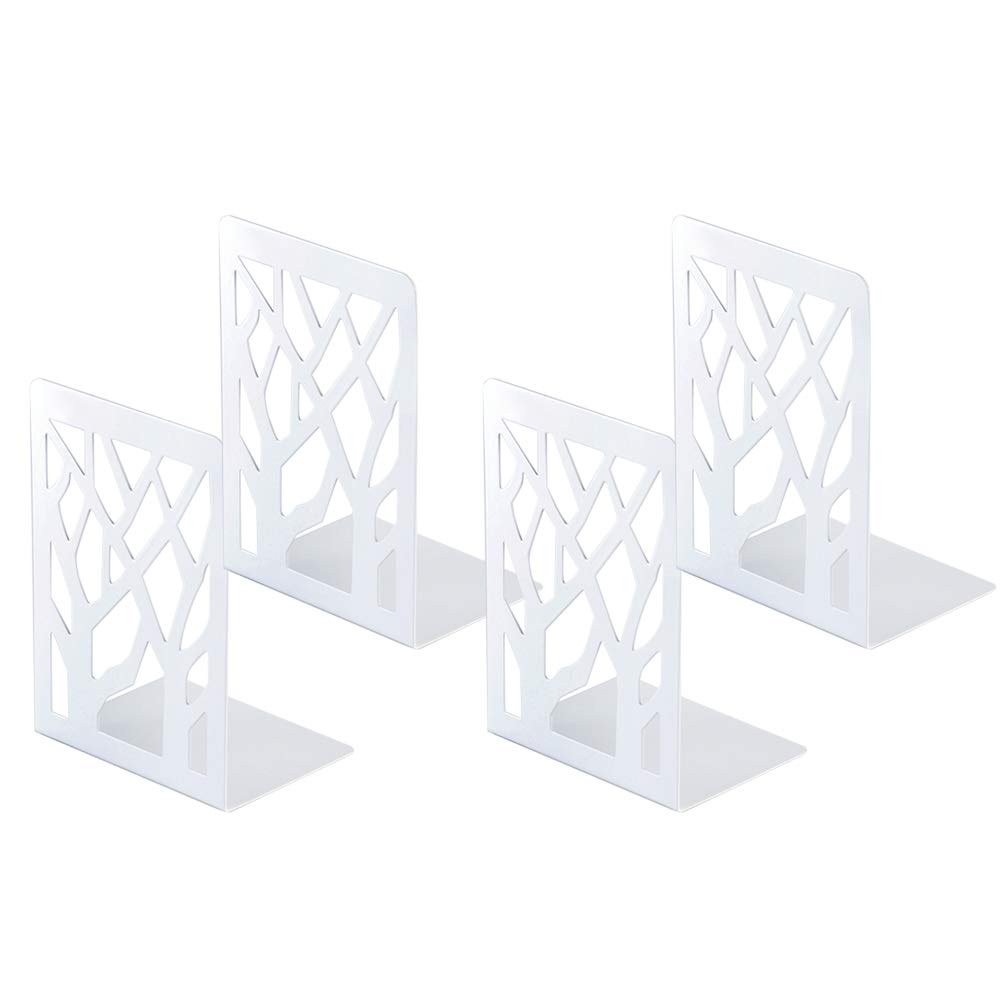 Book Ends, Bookends Heavy Duty, INNÔPLUS Book End Holder for Shelves, Metal Bookend (2 Pair White) for Office and School, Decorative Tree Unique Design Book Stopper for Gift, Book Binder and Dividers — image 1