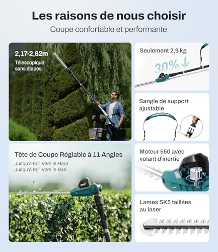 KIESBOHR CSL401 Telescopic Hedge Trimmer – Compatible with Makita 18V Batteries – Cutting Width 41 cm (16 mm) – 11 Adjustable Cutting Angles – Maximum Height 2.62 m (Battery Not Included)