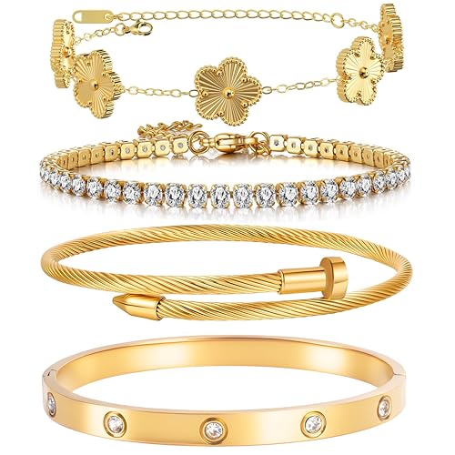 Lamdo 18K Gold Plated Womens Stackable Floral Gold Clover Bracelets Set Love Bangle Bracelets Non Tarnish, Gold Bracelet Set Trendy Jewelry,Gifts for Women's Day and Mother's Day