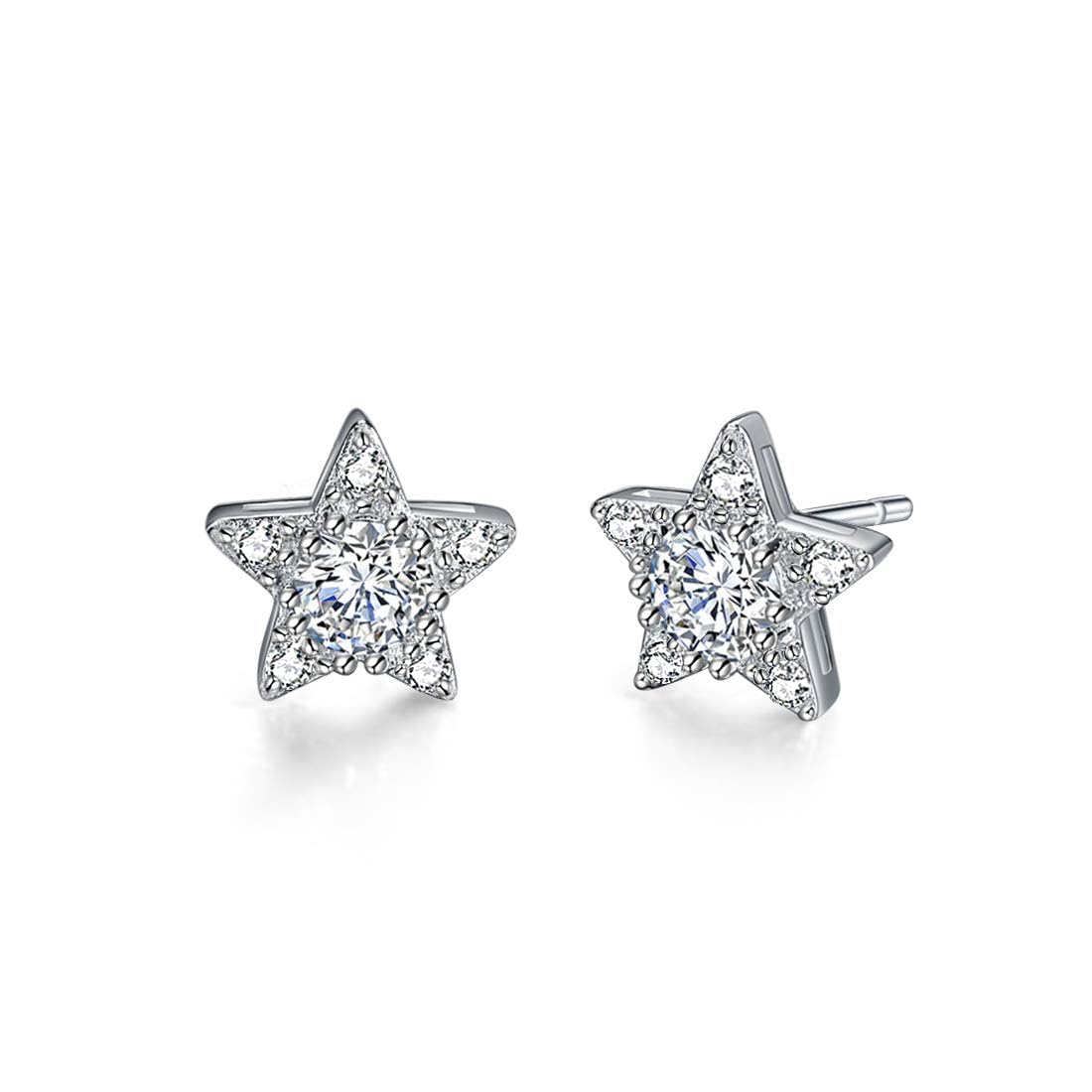 E Star Stud Earrings for Women, 925 Sterling Silver with Round AAA Cubic Zirconia, Rhodium Plated Jewelry (star shape)