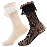 Lovful Women's Lace Anklet Sock with Ruffle, 2 Pairs Set, BlackWhite